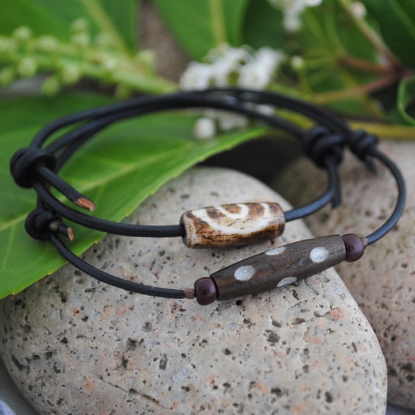 Friendship Bracelets-TWO leather ethnic & dot wood bead