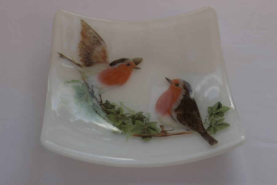 Handmade fused glass candy bowl - robins on white