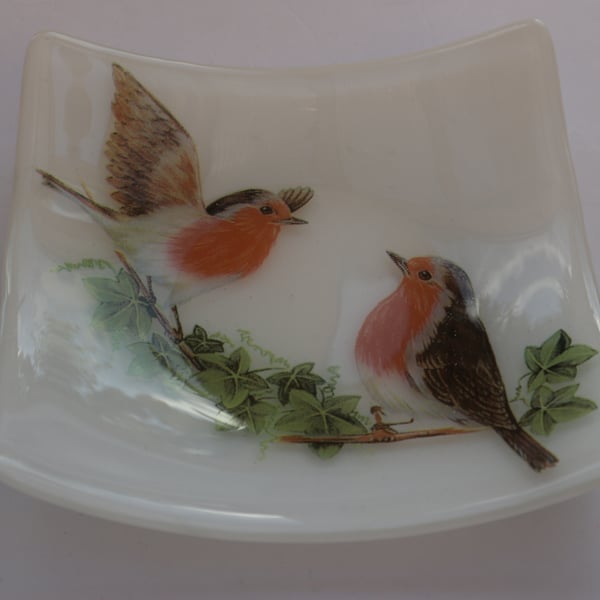 Handmade fused glass candy bowl - robins on white