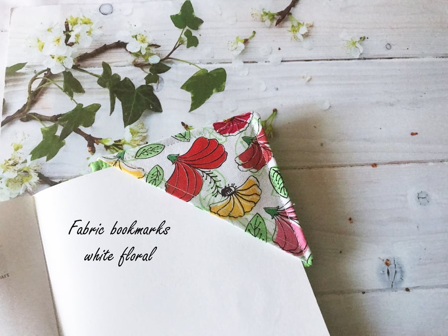 Green and White Floral Fabric Corner Bookmark 