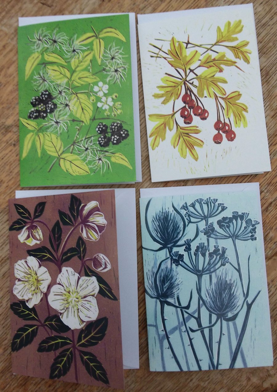 Four artist cards - Bramble, Hawthorn, Christmas rose, Winter seed heads