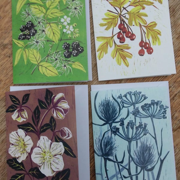 Four artist cards - Bramble, Hawthorn, Christmas rose, Winter seed heads