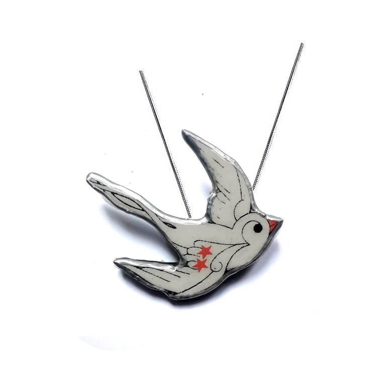 Swallow Bird Revolution Red Stars Necklace by EllyMental