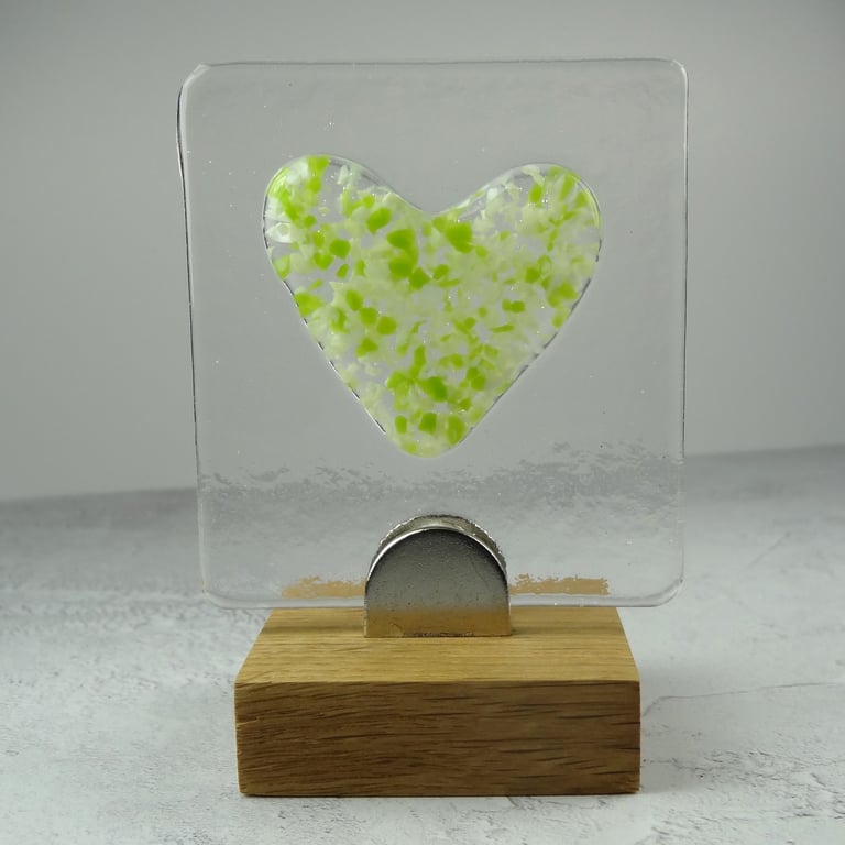 Handcrafted green heart fused glass picture in an oak stand – Unique gift