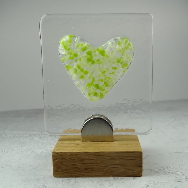 Handcrafted green heart fused glass picture in an oak stand – Unique gift