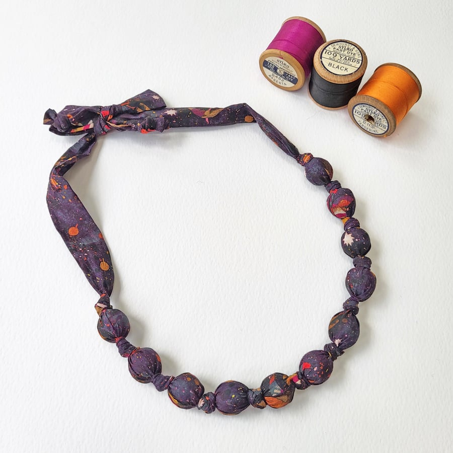 Purple, Grey, Orange & Pink Liberty Print Fabric Necklace - What Lies Beyond