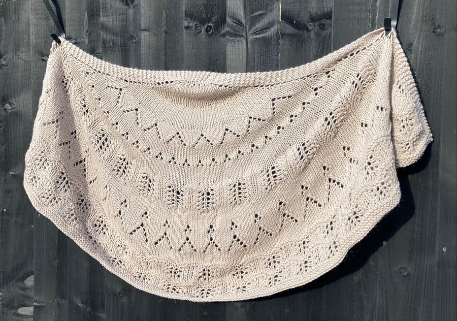 One Off Handknitted Crescent Lace Shawl Scarf Wrap in Taupe Wool Blend