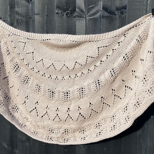 One Off Handknitted Crescent Lace Shawl Scarf Wrap in Taupe Wool Blend