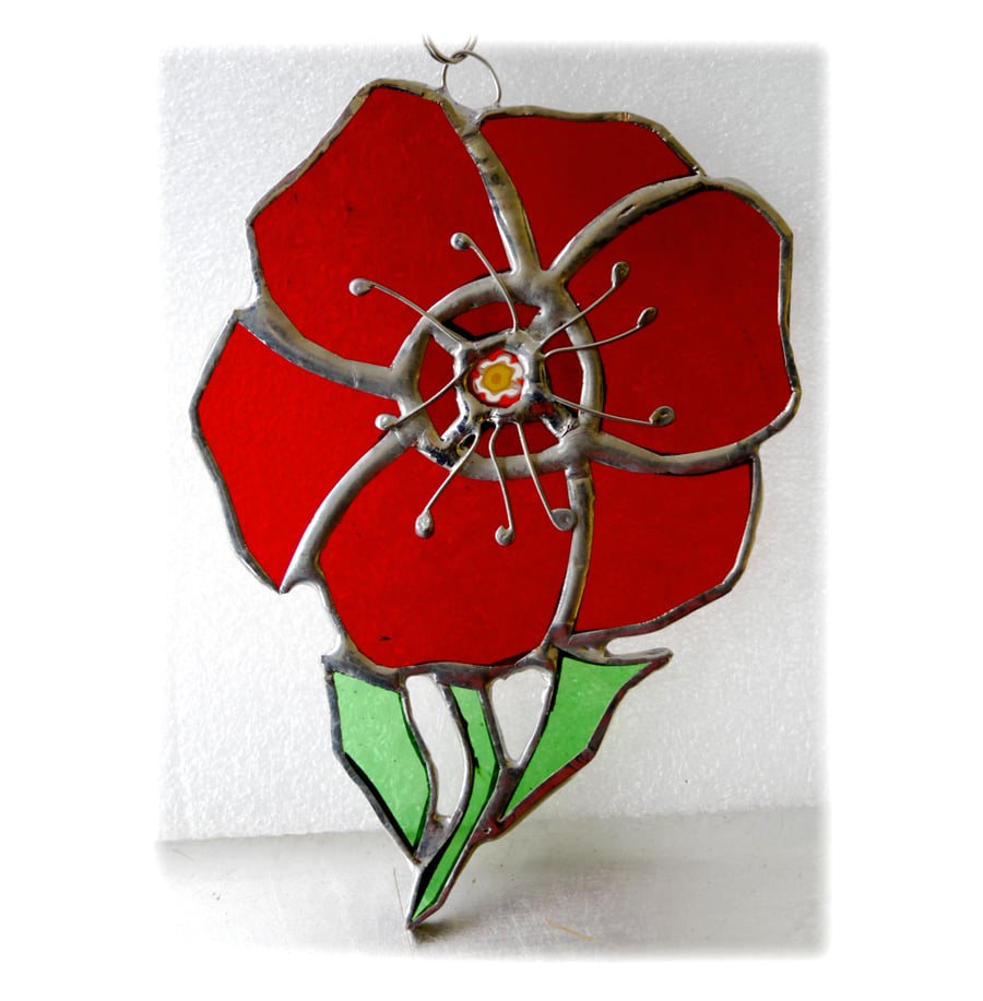 Poppy Suncatcher Stained Glass Handmade Red Flower 034