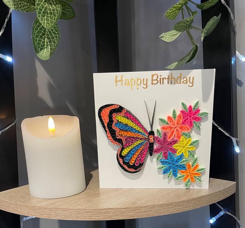 Handmade quilled happy birthday half butterfly card