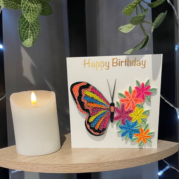 Handmade quilled happy birthday half butterfly card