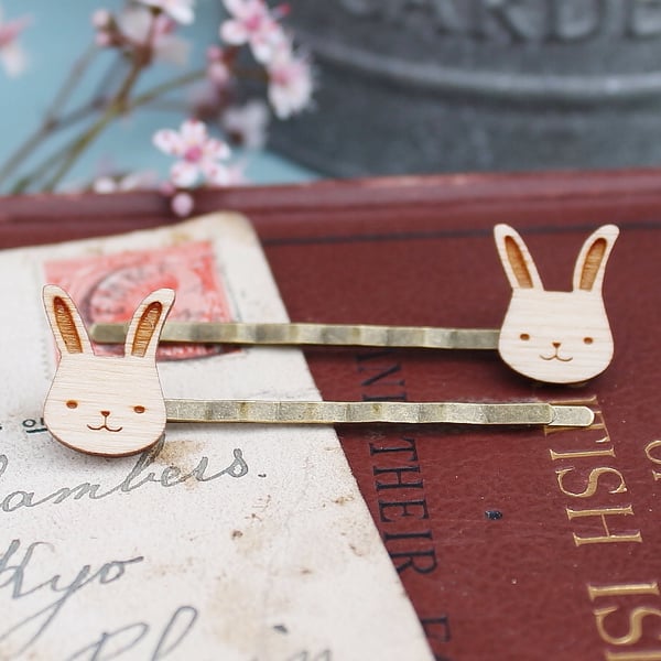 Wooden Bunny Rabbit Hair Grips