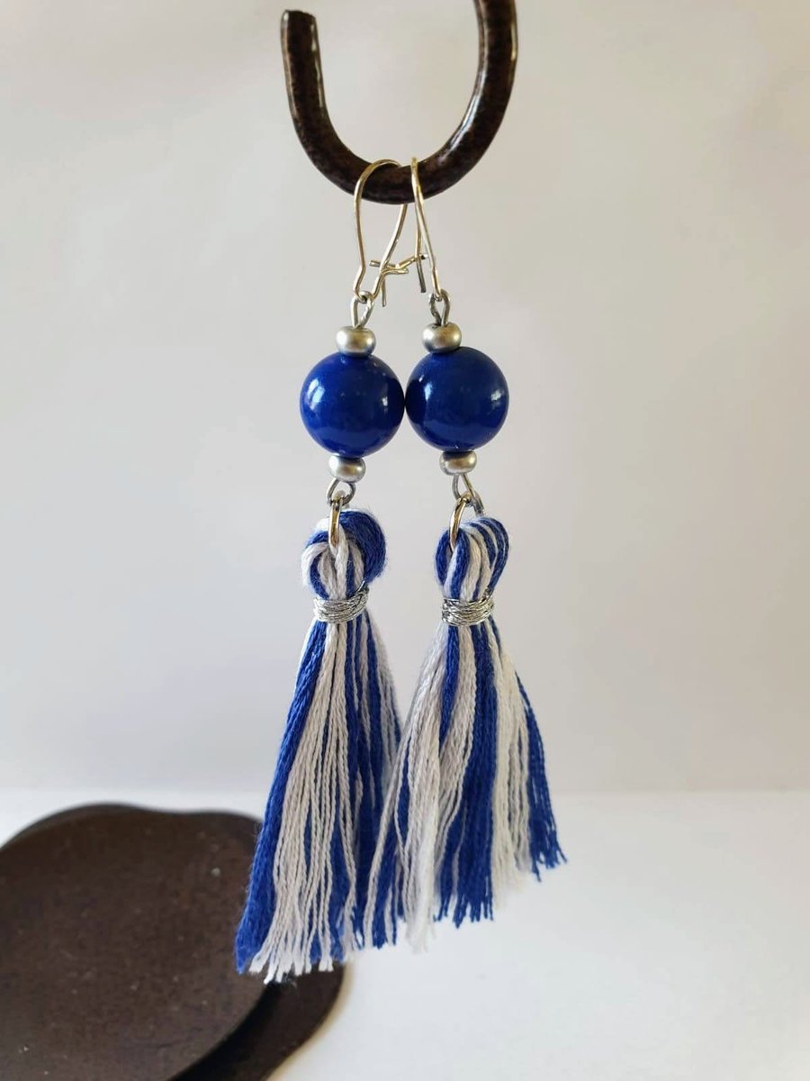 Royal blue bead and tassel earrings