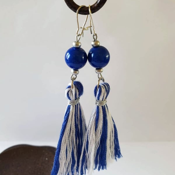 Royal blue bead and tassel earrings