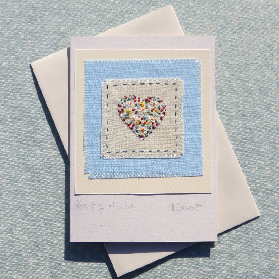 Delicately hand-stitched heart of flowers - a card to keep