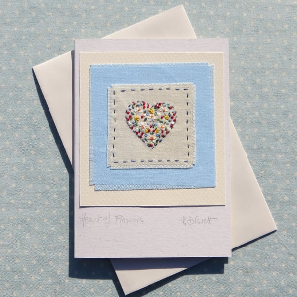 Delicately hand-stitched heart of flowers - a card to keep