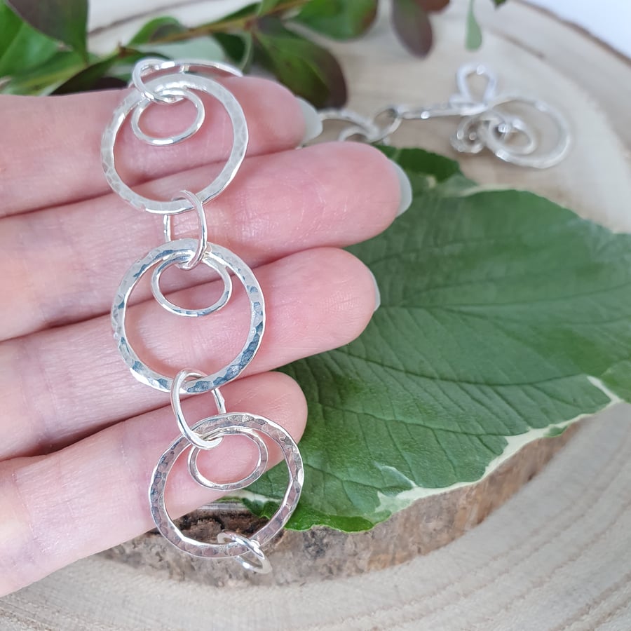 Hammered Circle & Oval Sterling Silver Bracelet (20.5cm) (One of a Kind)