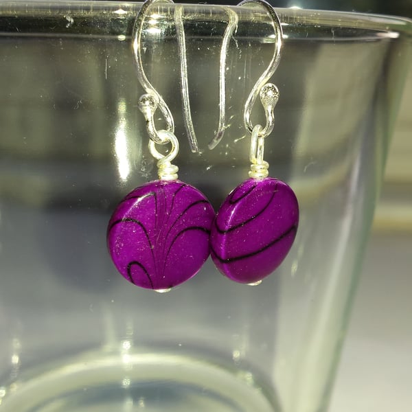 Purple Pattern Shell Disc Earrings