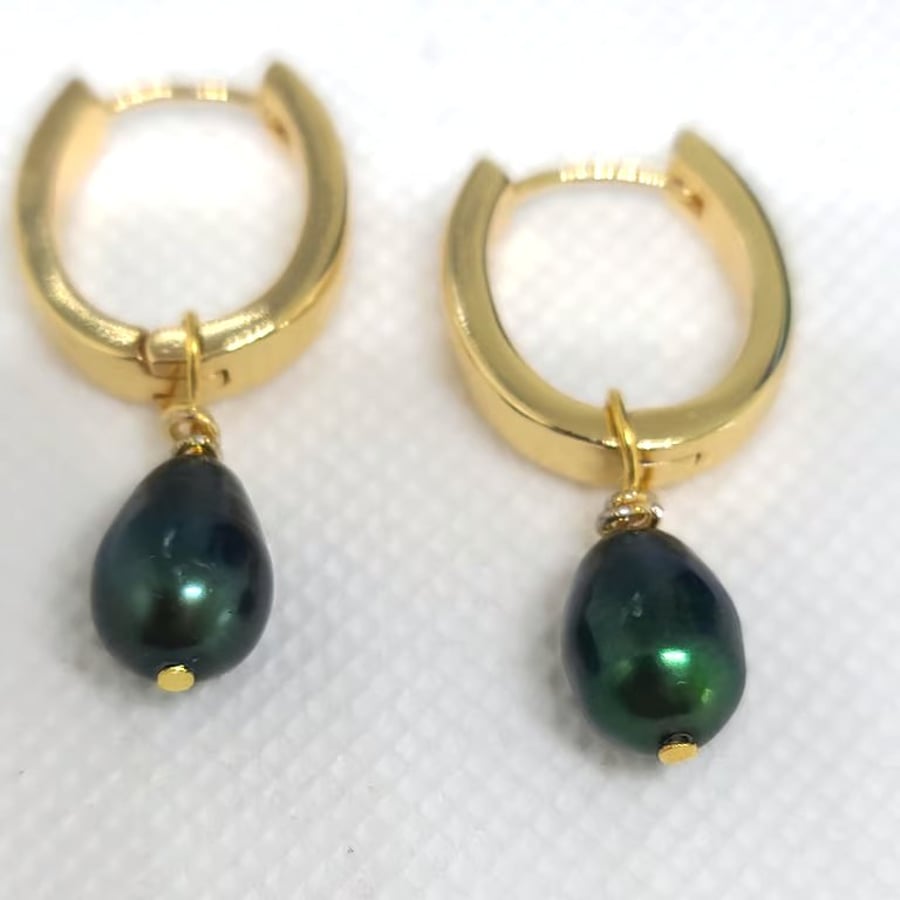 Green Freshwater Pearls-Smooth finished Loop Earrings-Gold Earrings-Gold Plated 