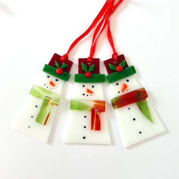 Traditional  snowman in red and green attire, fused glass Christmas decorations 