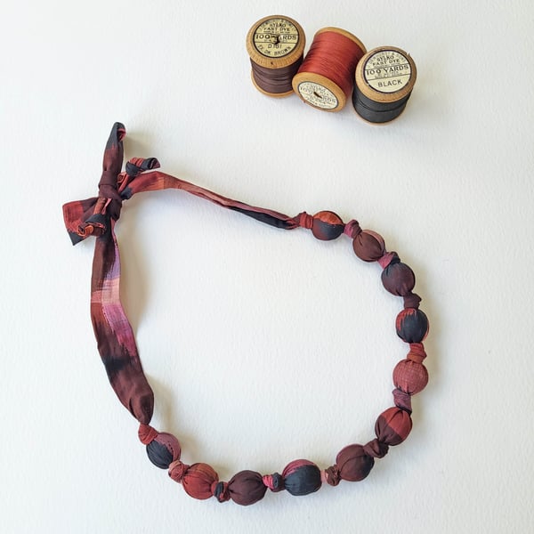 Terracotta, Brown & Black Liberty Print Fabric Necklace - Ikat Tulip