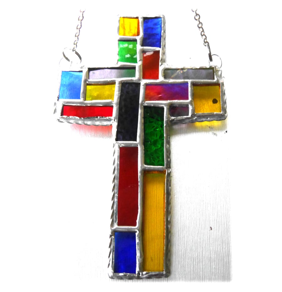 Stained Glass Cross Suncatcher Handmade Patchwork Rainbow 