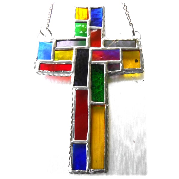 Stained Glass Cross Suncatcher Handmade Patchwork Rainbow 