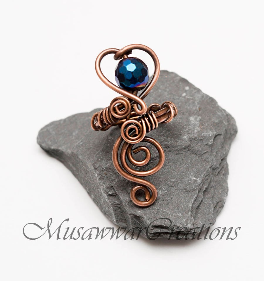 Statement Ring ,Blue Haematite Wire wrapped Antique copper ring ,Adjustable ring