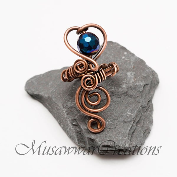 Statement Ring ,Blue Haematite Wire wrapped Antique copper ring ,Adjustable ring