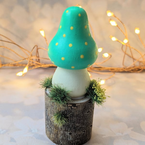 Handpainted toadstool ornament, fantasy decor.