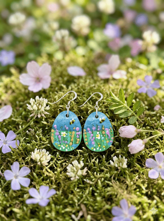 Hand Painted Spring Meadow Earrings on Wood with Sterling Silver Fish hooks