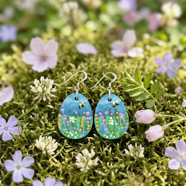 Hand Painted Spring Meadow Earrings on Wood with Sterling Silver Fish hooks