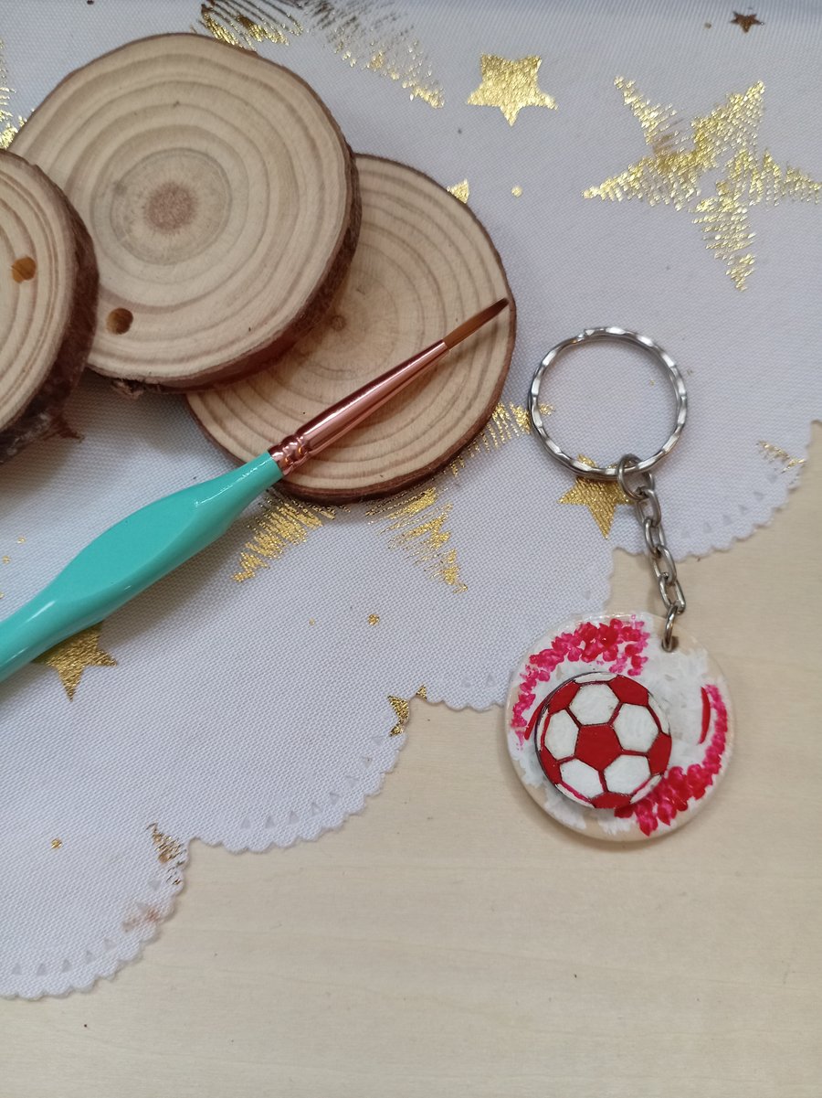 Wooden circular red football keyring