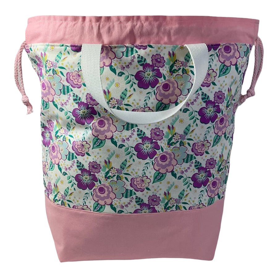 Liberty fabric Extra Large drawstring knitting bag with floral print, multi pock