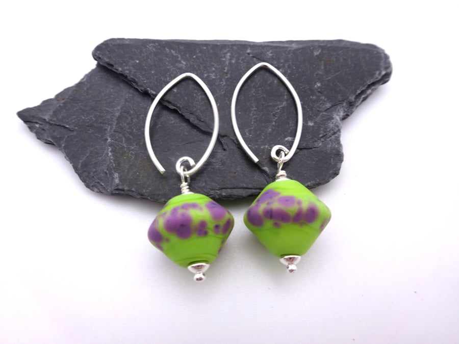 lampwork glass lime green and purple earrings