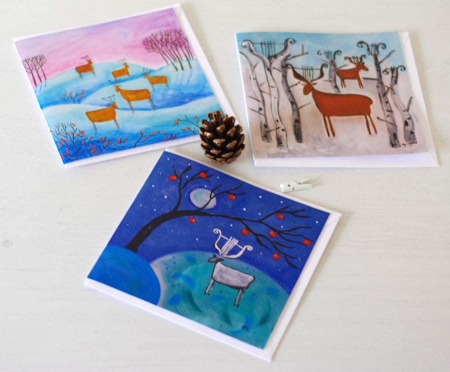 Christmas Cards Winter Wonderland, Set of Three Artist Cards, Cards with Deer