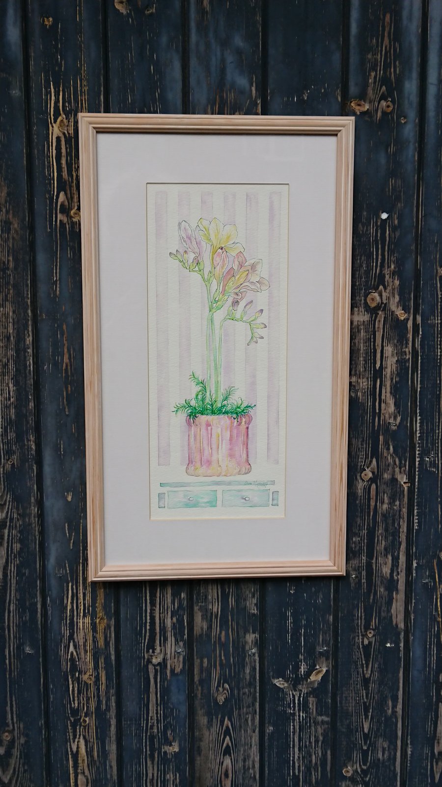 Freesia in pink pot original watercolour painting