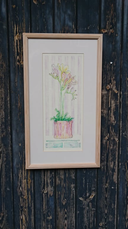 Freesia in pink pot original watercolour painting