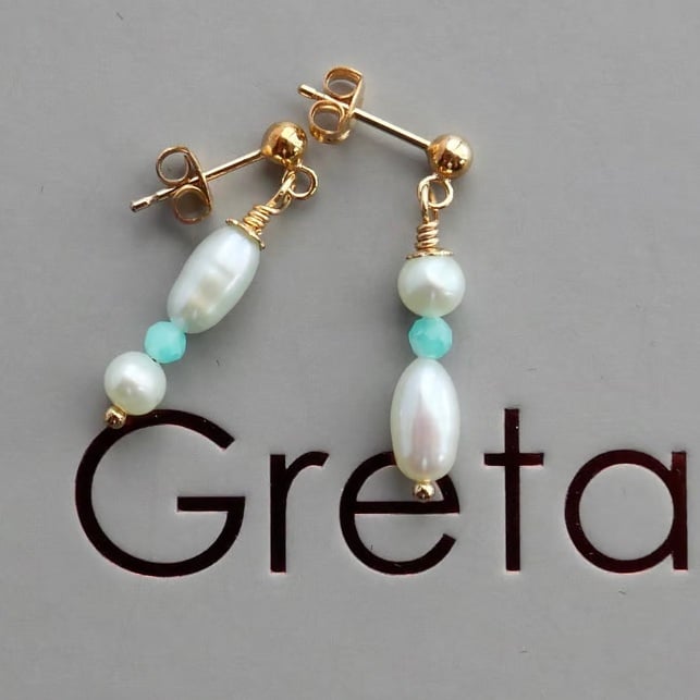 Asymetrical Pearl Earrings with Amazonite Beads - 14k Gold Filled Stud Fittings