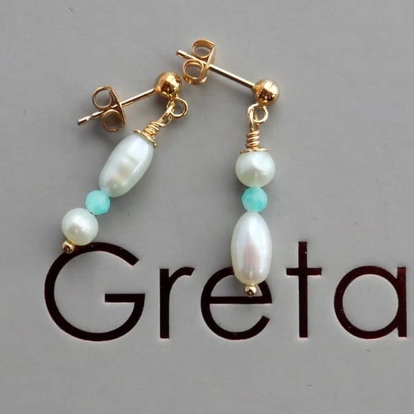 Asymetrical Pearl Earrings with Amazonite Beads - 14k Gold Filled Stud Fittings