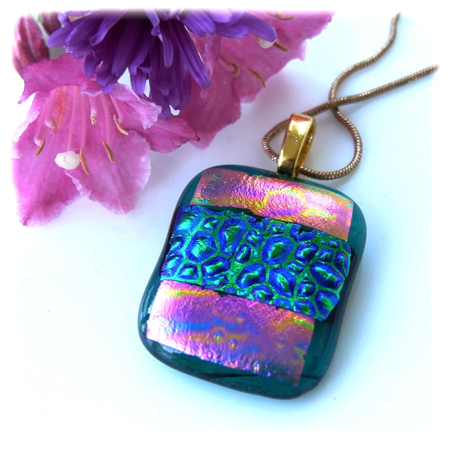 Dichroic Glass Pendant 277 Pink Emerald Handmade with gold plated chain