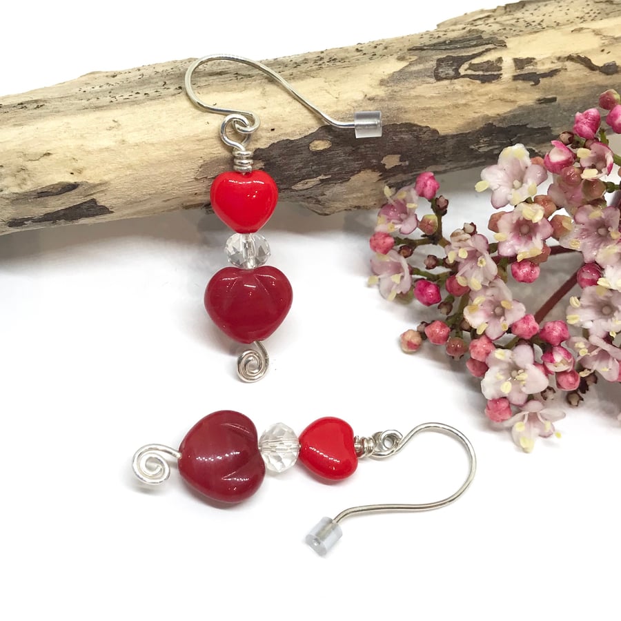 Sterling Silver Red Heart &  Crystal Earrings, Gift For Her