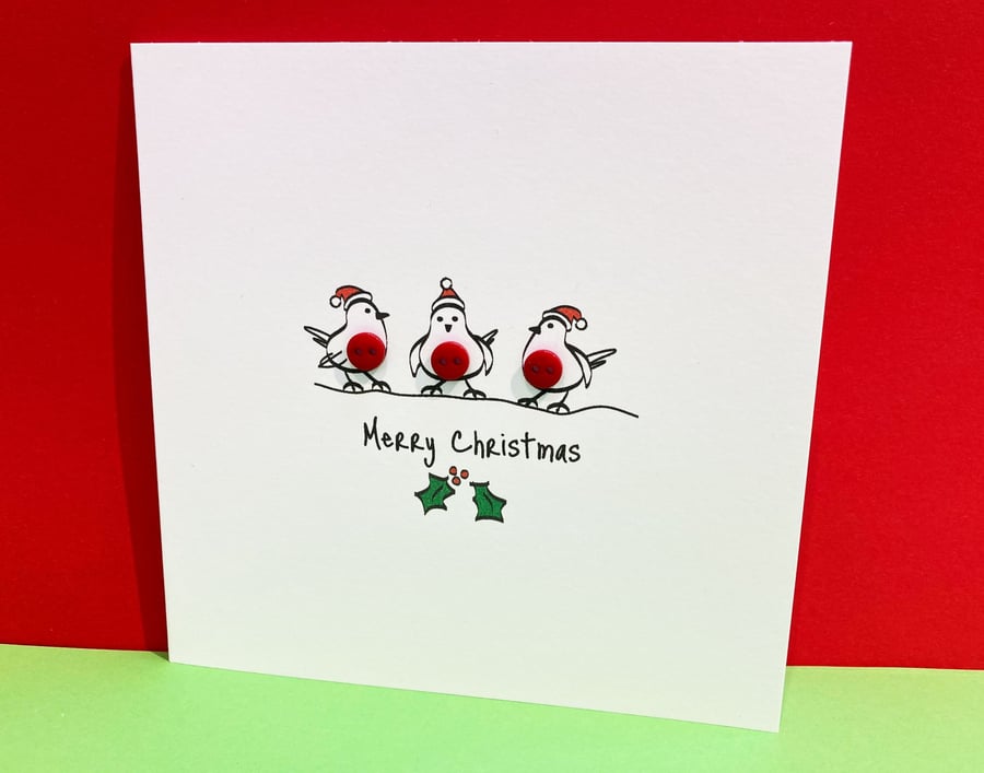 Christmas Robins Card - Cute robins with buttons - Paper Handmade Greeting Card 