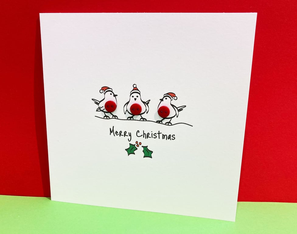 Christmas Robins Card - Cute robins with buttons - Paper Handmade Greeting Card 
