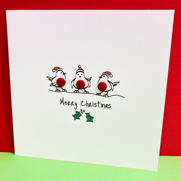 Christmas Robins Card - Cute robins with buttons - Paper Handmade Greeting Card 