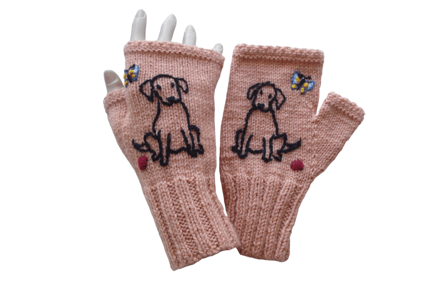 Hand Knitted Terracotta Colour Fingerless Gloves With Embroidered Dog (J1)
