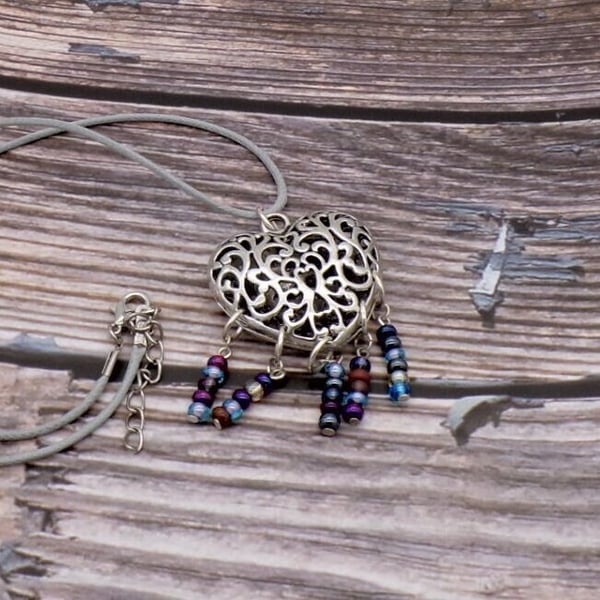 Silver Lattice Heart Pendant Necklace Purple Glass Beads, Adjustable Cord