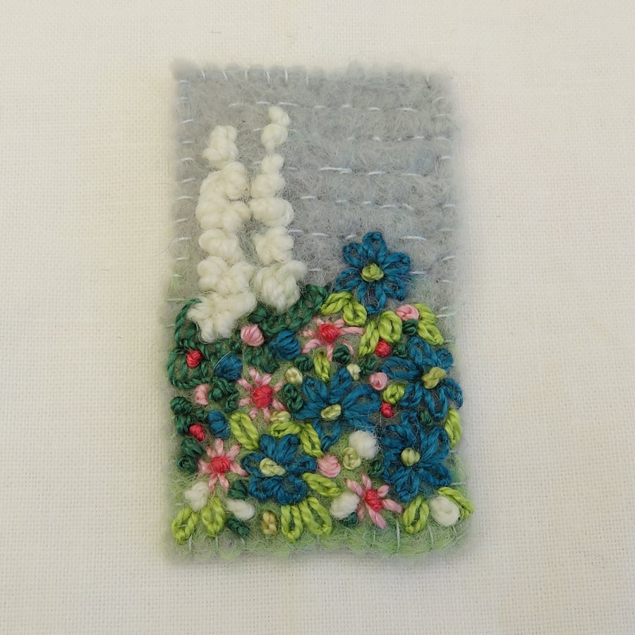 SALE Embroidered Brooch - Cottage Garden , blue and white