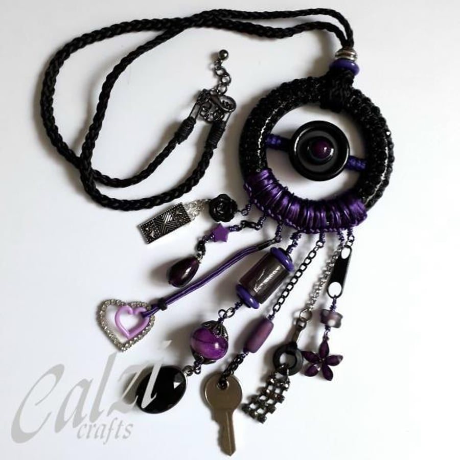 Large Upcycled Black Textured Metal  Buckle & Purple Charm Necklace
