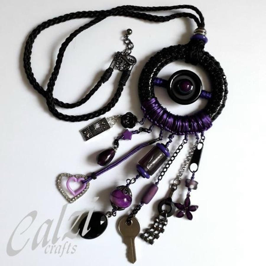 Large Upcycled Black Textured Metal  Buckle & Purple Charm Boho Necklace